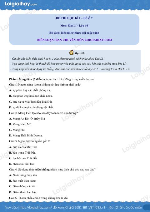 Đề thi học kì 1 Địa lí 10 - Đề số 7